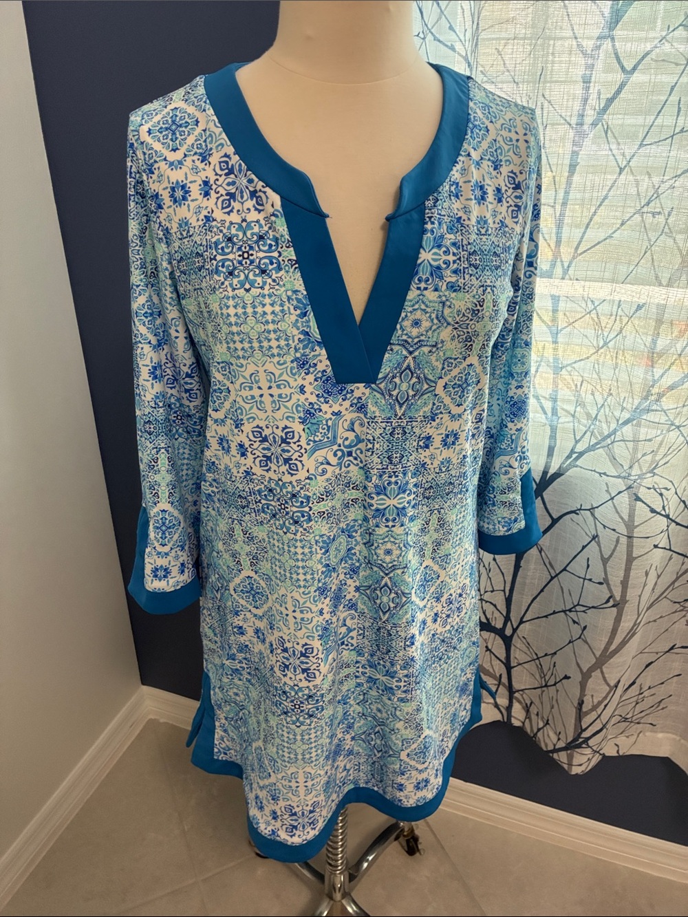 Aqua Et Sol Blue Mosaic Tunic with Teal Trim